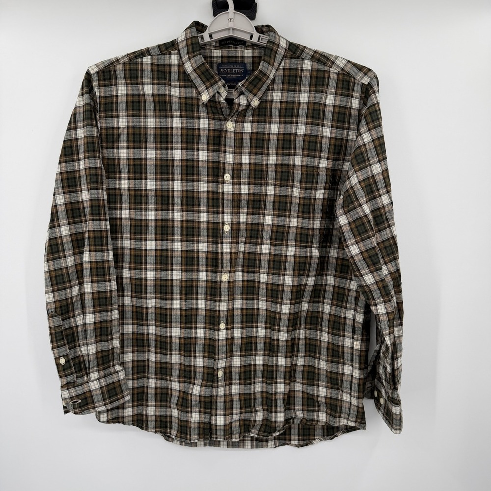 Sir Pendleton Wool Plaid Shirt Mens Large Brown Green Long Sleeve Button Down